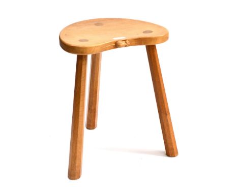 A Robert ''Mouseman'' Thompson Oak Kidney Cow Stool, on three tapered octagonal legs, with carved mouse signature to the seat