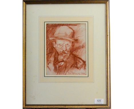 Frank Brangwyn RA, RWS, RBA (1867-1956) ''Portrait of an artist''  Signed and dated 1922, red conte crayon, 21.5cm by 16.5cm 