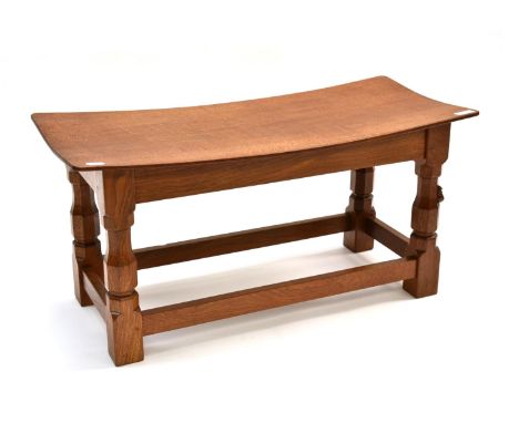 A Robert ''Mouseman'' Thompson Oak Double Dish Stool, on four octagonal legs joined by rails, with carved mouse signature, 83