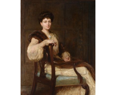 Hugh Goldwin Riviere RP (1869-1956) Portrait of a lady seated, reputedly Mrs Wallace  Signed and dated 1907, 126.5cm by 101cm