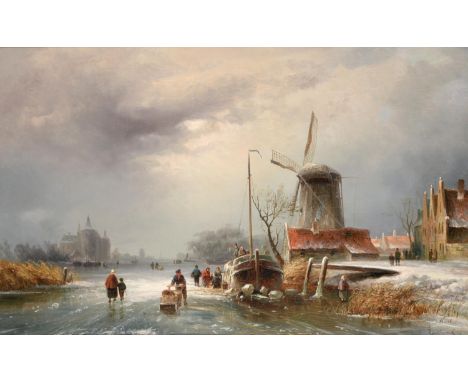 Circle of Nicholas Johannes Roosenboom (1805-1880) Dutch Frozen river landscape with figures unloading a boat before a windmi