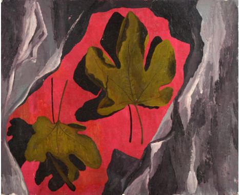 Attributed to John Banting (1902-1972) A still life of fig leaves  Inscribed and dated verso 1956, with typed label to the re