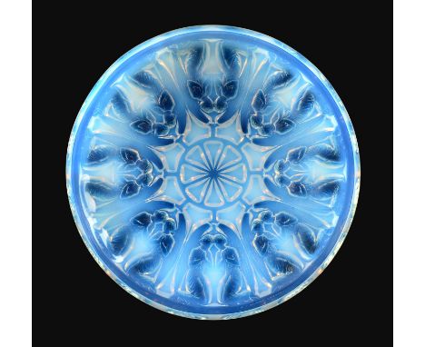 A René Lalique Anges Opalescent and Blue Stained Glass Bowl, No.410, the underside moulded with eight pairs of kneeling angel