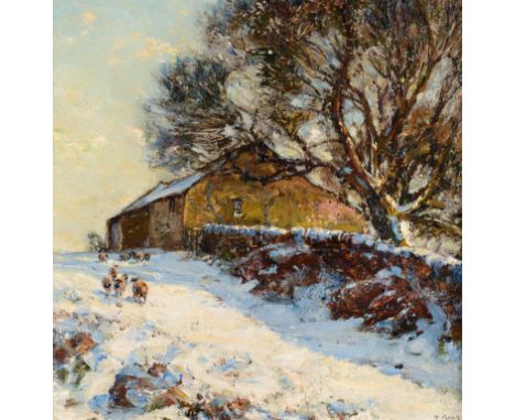 Herbert F Royle (1870-1958)  Sheep and farm buildings in the snow Signed, oil on board, 43.5cm by 43.5cm   *ARR/(Droit de Sui