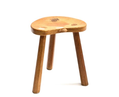 A Robert ''Mouseman'' Thompson Oak Calf Stool, on three octagonal legs, with carved mouse signature, 35cm 