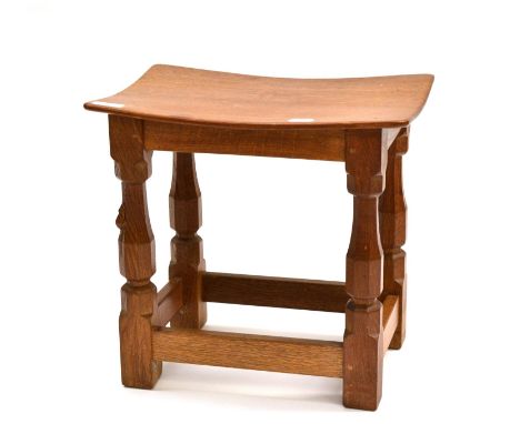 A Robert ''Mouseman'' Thompson Oak Dish Top Stool, on four octagonal legs joined by stretchers, with carved mouse signature, 