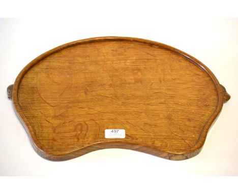 A Robert ''Mouseman'' Thompson Oak Kidney Shaped Tea Tray, with two carved mice handles, 46cm 