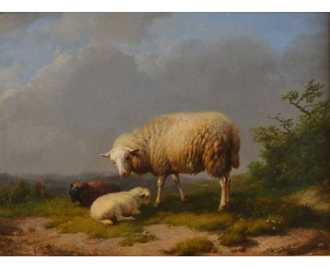 Eugene Verboekhoven (1798-1881) Belgian  Study of a sheep and lambs at rest in a landscape Signed and dated 1849, oil on pane