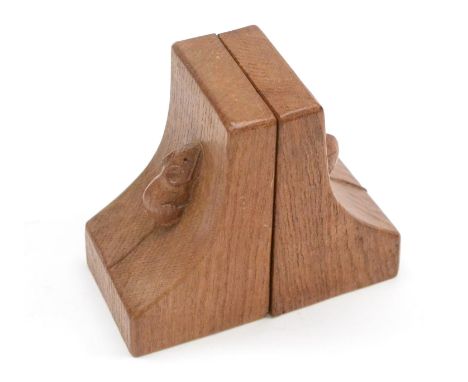 A Pair of Robert ''Mouseman'' Thompson Oak Single Mouse Bookends, each with carved mouse signature, 15cm Both have water spla