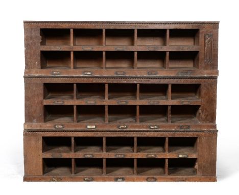 Three 1930's Robert ''Mouseman'' Thompson Fitted Pigeon Holes/Message Boxes, each with ten compartments and latin text AUT DI