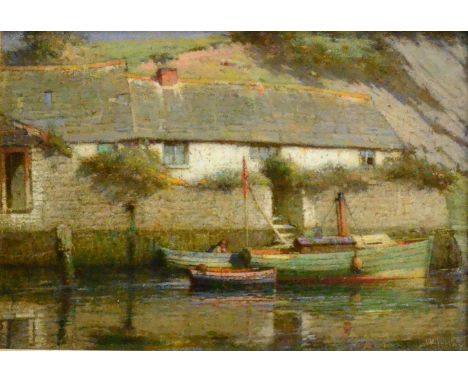 James Valentine Jelley RBSA (fl.1878-1942) ''A Riverside Cottage'' Signed, bears artist's inscribed label verso, oil on canva