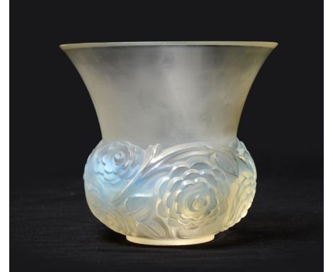 A René Lalique Renoncules Opalescent and Frosted Glass Vase, the tapering body with a band of ranunculus, stencil etched R LA