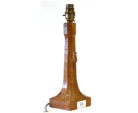 A Robert ''Mouseman'' Thompson Oak Table Lamp, octagonal column on a square base, with carved mouse signature, 25.5cm 