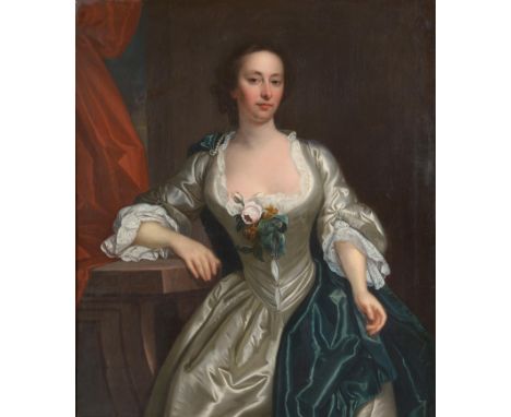 Circle of Allan Ramsay (1713-1784)  Anna Sneyd, three-quarter length wearing a white satin dress trimmed with lace and a gree