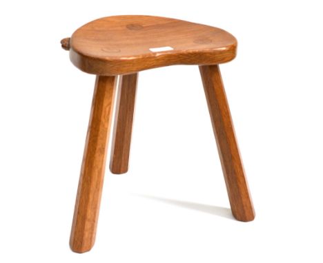 A Robert ''Mouseman'' Thompson Oak Kidney Calf Stool, on three octagonal legs, with carved mouse signature, 34.5cm Splash mar