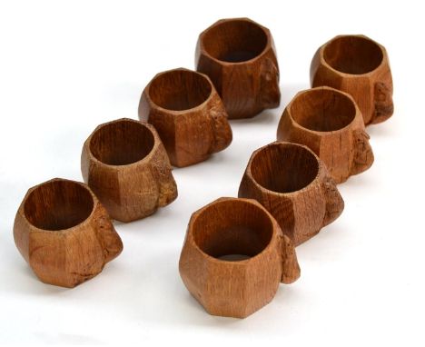 Eight Robert ''Mouseman'' Thompson Oak Napkin Rings, of octagonal form, each with carved mouse signature, 4.5cm and 5cm One m