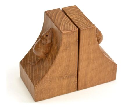 A Pair of Robert ''Mouseman'' Thompson Oak Single Mouse Bookends, each with carved mouse signature, 15cm Good order. 030615