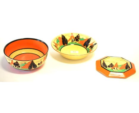 A Clarice Cliff Fantasque Orange Trees and House (Alpine) Pattern Bowl, printed marks, 19.5cm diameter; A Matching Dessert Bo