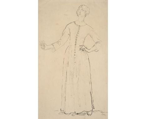 Augustus Edwin John OM, RA, PRP, RCamA, NEAC, LG (1878-1961)  Portrait of a lady, full length, standing holding a posy of flo