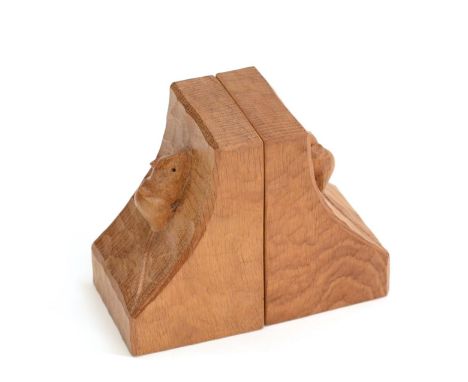 A Pair of Robert ''Mouseman'' Thompson Oak Single Mouse Bookends, both with chamfered edges, each with carved mouse signature