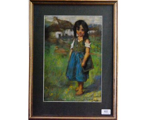 Jessie M McGeehan (1872-1950) Scottish  A young girl with a satchel before crofters cottages Signed, pastel, 35.5cm by 27.5cm