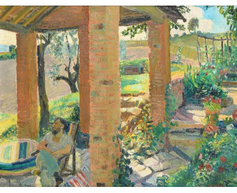Frederick Gore CBE, RA (1913-2009) Self portrait of the artist sitting under a terrace looking out across a Provençal landsca