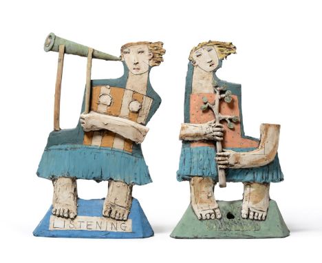 Christy Keeney (Irish b.1958): ''LISTENING'' A Painted Clay Slab Built Figurative Sculpture, incised KEENEY 04, 42cm; and ''T