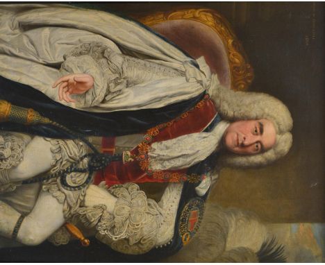 Manner of Jean Baptiste Van Loo, circa 1740 Portrait of the Duke of Newcastle (1693-1769), three quarter length, seated  Oil 
