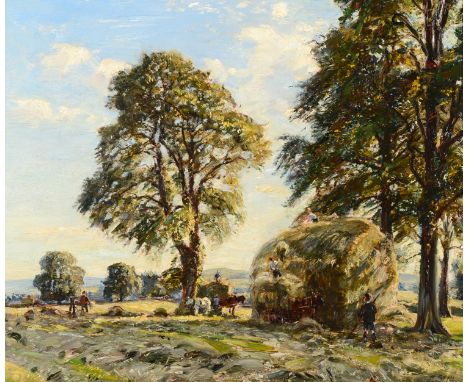 Herbert F Royle (1870-1958)  Figures carting and building a haystack in an breezy summer landscape Signed, oil on canvas, 49.