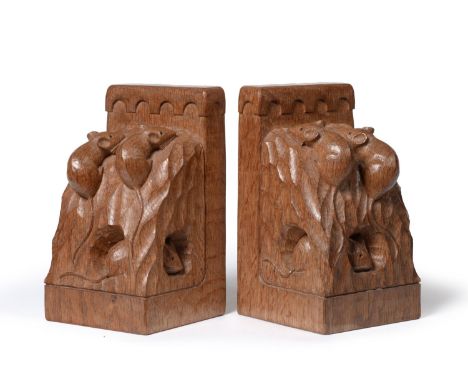 A Pair of Robert ''Mouseman'' Thompson Triple Mice Bookends, each end carved with three mice, tooled finish, 17.5cm  