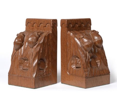 A Pair of Robert ''Mouseman'' Thompson Triple Mice Bookends, each end carved with three mice, tooled finish, 18cm   