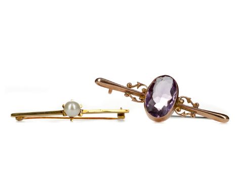 AMETHYST BAR BROOCH, set with an oval faceted amethyst, with scrollwork to either side, marked 9CT, along with a nine carat g