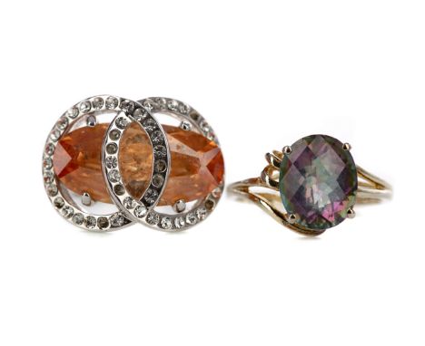 MYSTIC TOPAZ RING, set with an oval faceted mystic topaz, silver gold plated, along with a costume orange gem set ring (2)