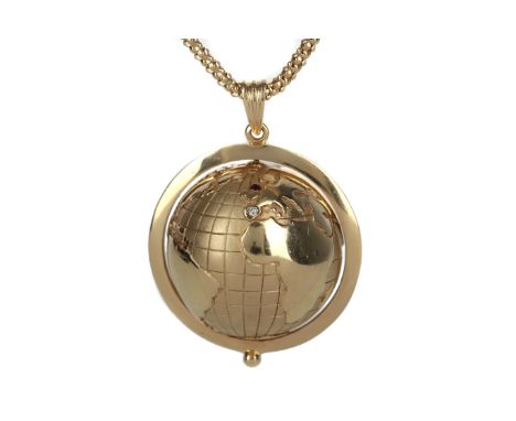 GOLD GLOBE PENDANT, with round red gem marking Scotland and a moissanite marking Spain, 41mm in diameter including mount, mar