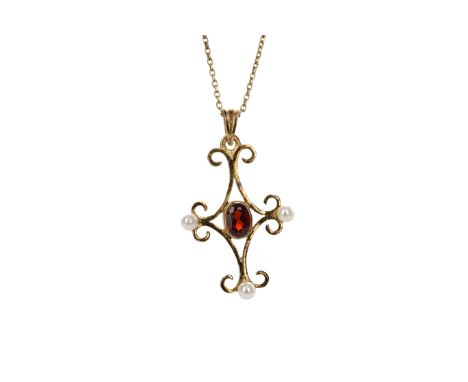 GARNET AND FAUX PEARL PENDANT, with central oval garnet flanked by spherical faux pearls, silver gold plated, 4.6g