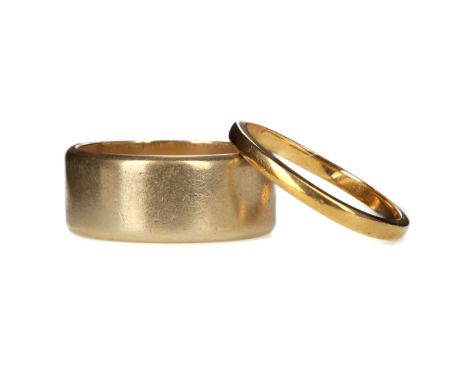 TWENTY TWO CARAT GOLD WEDDING RING, size K, 1.6g, along with a broad nine carat gold wedding band, size L, 4.6g (2)