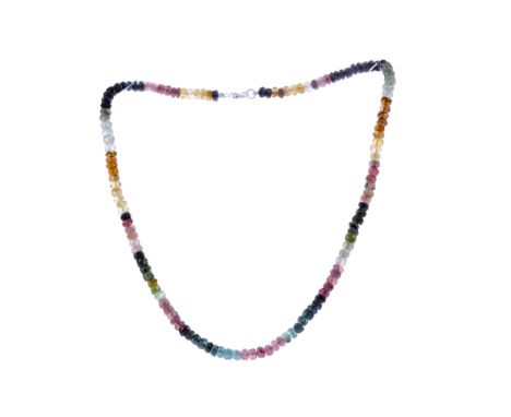 TOURMALINE BEAD NECKLACE, formed by coloured tourmalines, 44cm long, with silver clasp