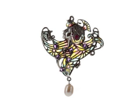 PLIQUE A JOUR CLEOPATRA STYLE BROOCH, depicting a female in profile facing left, with rubies and amethysts to the body and he