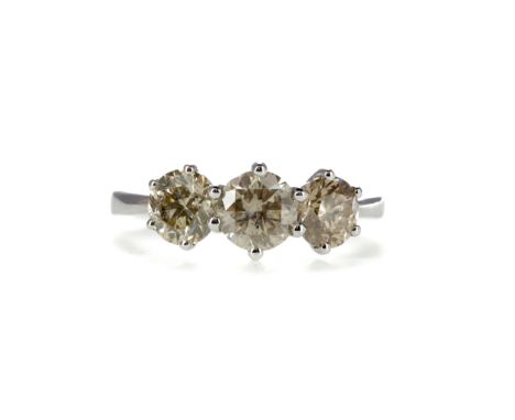 CERTIFICATED DIAMOND THREE STONE RING, set with round brilliant cut diamonds totalling approximately 2.16 carats, with accomp