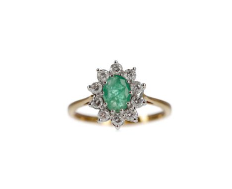 CERTIFICATED EMERALD AND DIAMOND CLUSTER RING, set with an oval emerald of approximately 0.80 carats, within a halo of round 