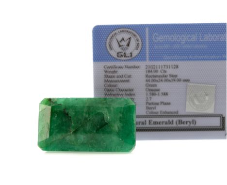 **CERTIFICATED UNMOUNTED EMERALD, rectangular step cut, weighing 184.00 carats, with evidence of colour enhancement, with acc