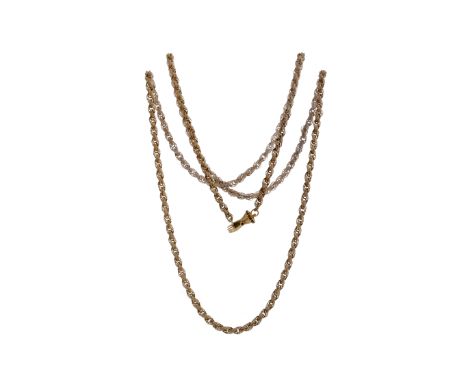 LONG ANTIQUE STYLE ROPETWIST CHAIN WITH AMETHYST HAND CLASP, formed by textured interlocking circular links, 127cm long, with