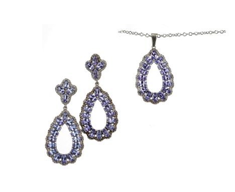 TANZANITE NECKLACE AND EARRING SET, set with oval tanzanites, each unmarked, likely silver (2)