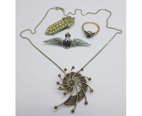 A 925 silver and marcasite pendant, a RAF sweetheart brooch, a ring and a clip 