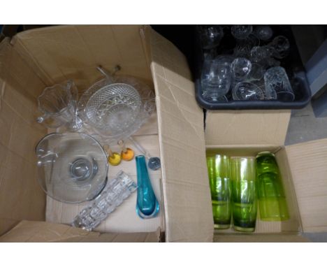 Three boxes of mixed glass including a Whitefriars vase, bowls, drinking glasses, decanter, etc.**PLEASE NOTE THIS LOT IS NOT