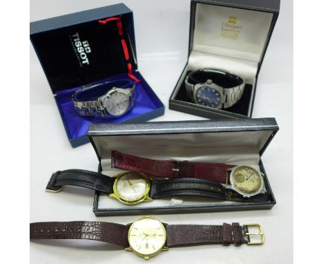 A Tissot PR50 1853 stainless steel wristwatch, a Tissot PR516 stainless steel wristwatch, a Timex wristwatch and two others, 