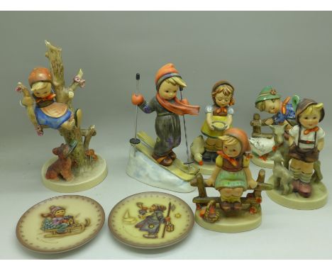 Six Hummel figures and two dishes, three figures a/f 