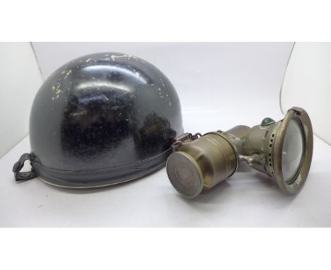 A motorcycle helmet, 1960's and a Panther of Birmingham bicycle lamp 