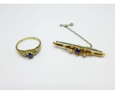 A 15ct gold, amethyst and seed pearl brooch, 2g, and an 8ct gold, diamond and sapphire ring, marked 333, 1.7g, M 