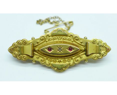 A 9ct gold, cabochon ruby and old cut diamond brooch, 3.7g 